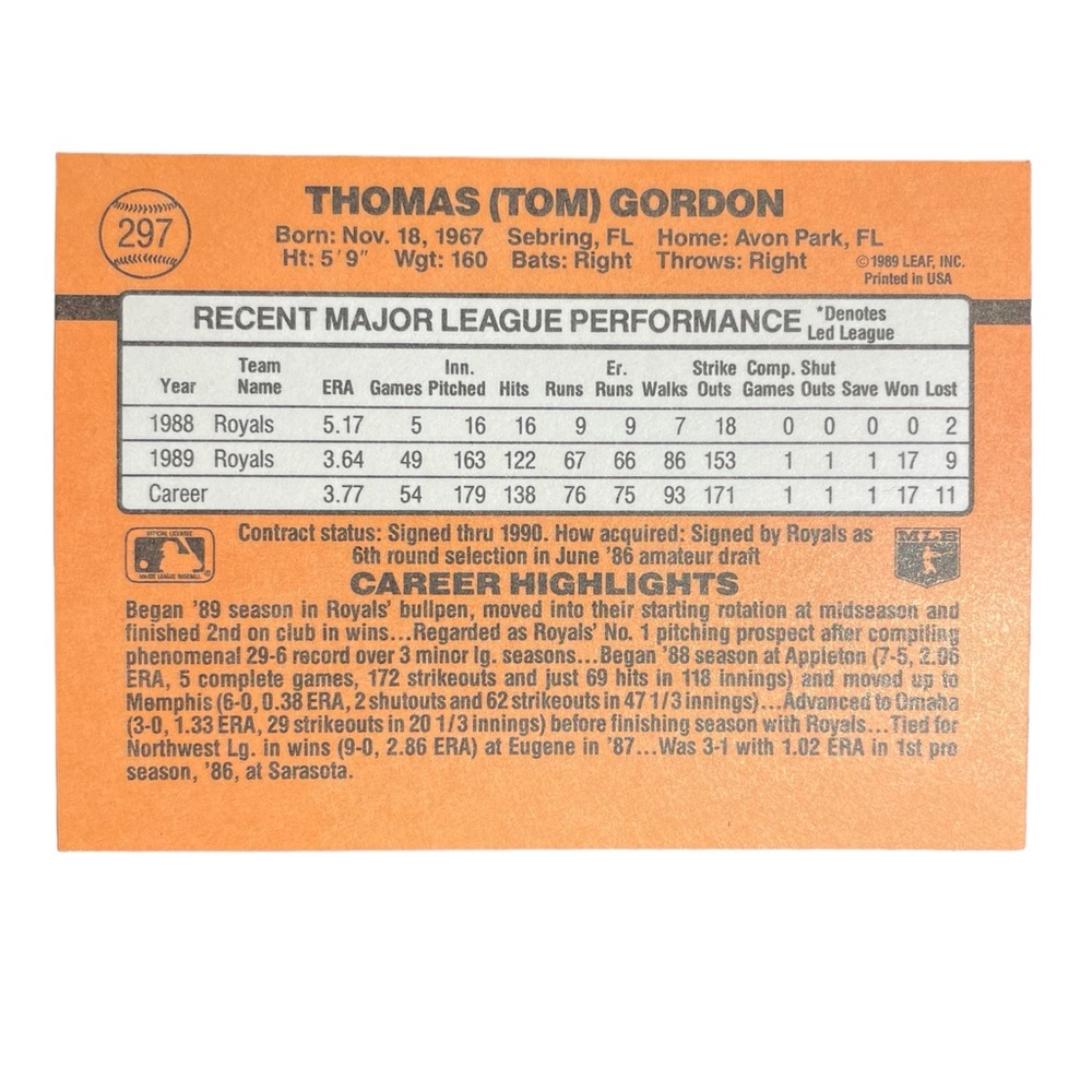 1989 tom gordon kansas city royals donruss baseball card # 297 - Picture 2 of 5